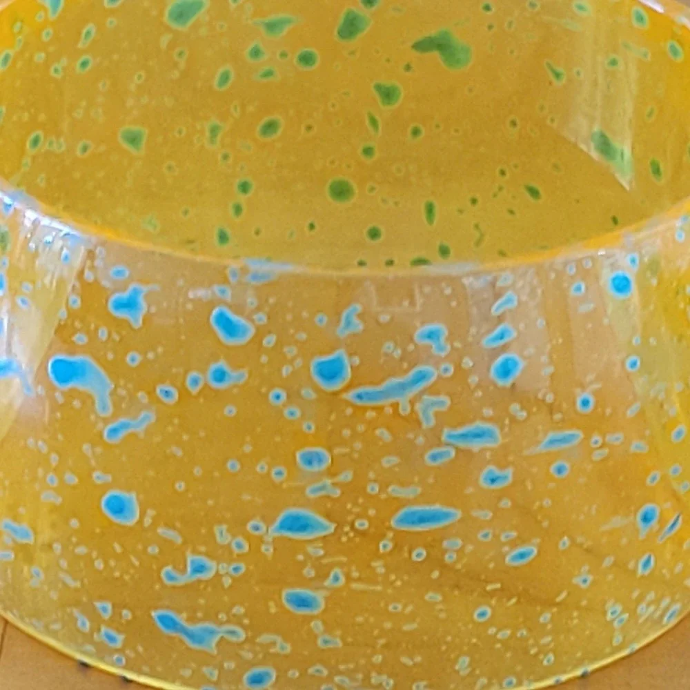 Chunky Amber Resin Bangle Bracelet Blue Splatter Wide Lucite Style 2.5 Inch